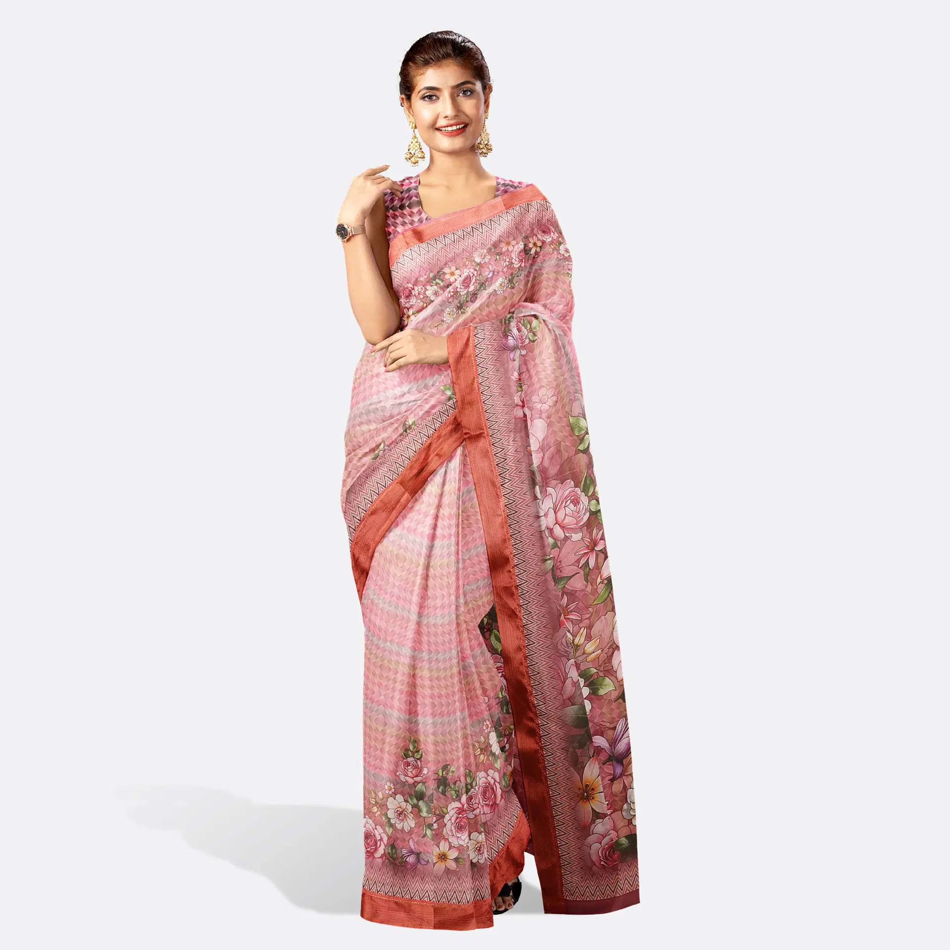 Pink Floral Printed Cotton Saree