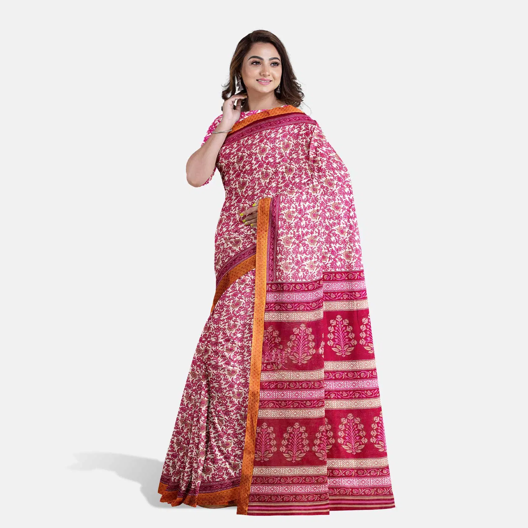 Red & Cream Printed Cotton Saree